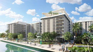 building with large pool to the left