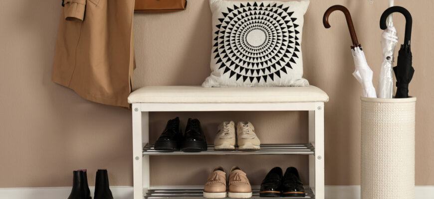 Stylish,Storage,Bench,With,Different,Pairs,Of,Shoes,Near,Beige