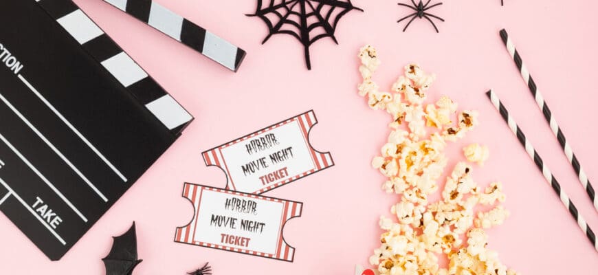 Movie,Clapperboard,And,Halloween,Decoration,Over,Pink,Background.,Horror,Movie