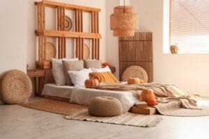 Interior,Of,Cozy,Bedroom,With,Autumn,Decor,And,Poufs