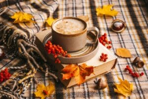 Atmospheric,Cozy,Autumn,Composition.,Hot,Mug,Of,Coffee,,Book,,Fall