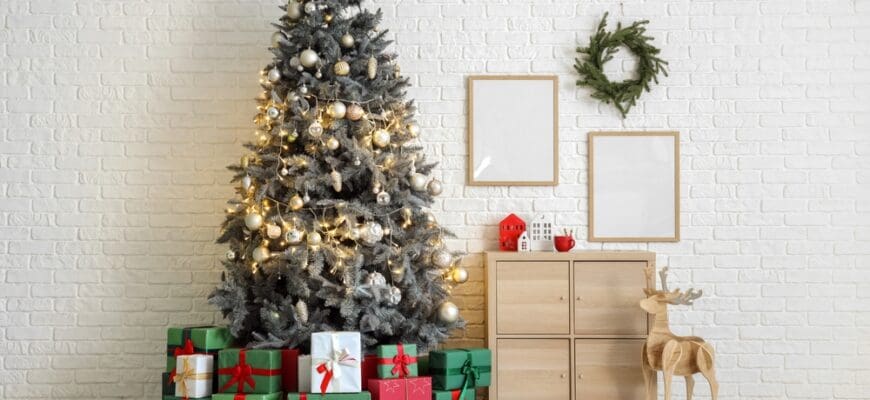 Christmas,Tree,With,Gift,Boxes,,Festive,Decorations,And,Wooden,Cabinet